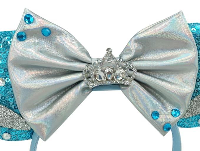 WW-WONDERFULWORLD Shiny Mouse Ears Headbands With Grey Bows & Crown & Sequin, for Mermaid Cinderella Costume Cosplay Glitter Party, Blue; 2GGX