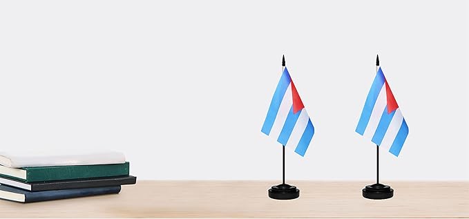 Cuba Cuban Deluxe Desk Flag Set, Small Mini Miniature Cuba Cuban Table Desktop Flags With Solid Pole, Black Base and Spear Top(2 Pack)