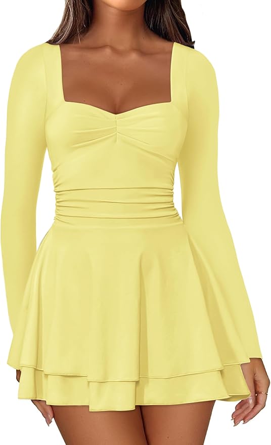 IWD Women's Square Neck Long Sleeve Mini Dress Ruched Corset Waist Tiered Ruffle Hem A Line Short Party Dresses