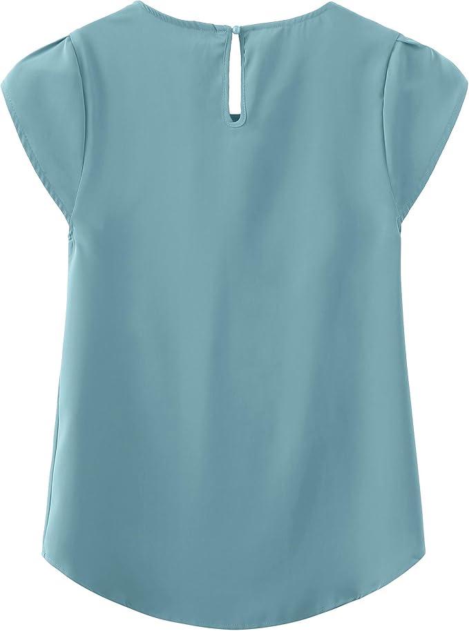 TASAMO Women's Casual Round Neck Basic Pleated Top Cap Sleeve Curved Keyhole Back Chiffon Blouse