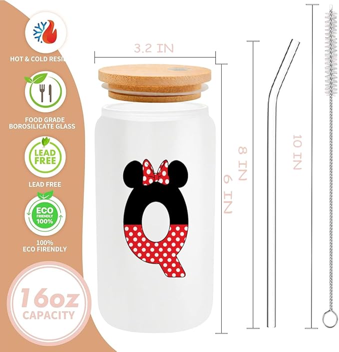 Cute Cartoon Mouse Lover Gifts Initial A-Z Personalized Iced Coffee Cup Magic Mouse Stuff Wizard Gift 16oz Glass Cup with Lid and Straws Birthday Christmas Gifts for Women Teen Girls (Letter Q)