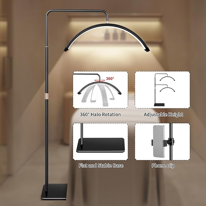 Lash Light for Eyelash Tech-Esthetician Ring Light, Half Moon Light for Led Lash Lamp Extensions, Tattoo Artists, Nail Tech - Cool, Warm Lamp with Adjustable Brightness & Height, Phone Holder (Black)