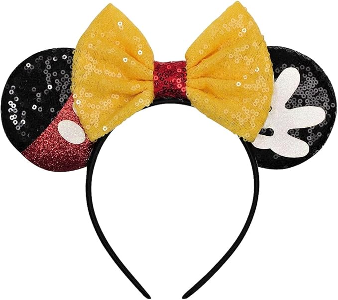 FANYITY Mouse Ears, Sequin Mouse Ears Headband for Girls Women Halloween Birthday Party (Yellow Bow08)