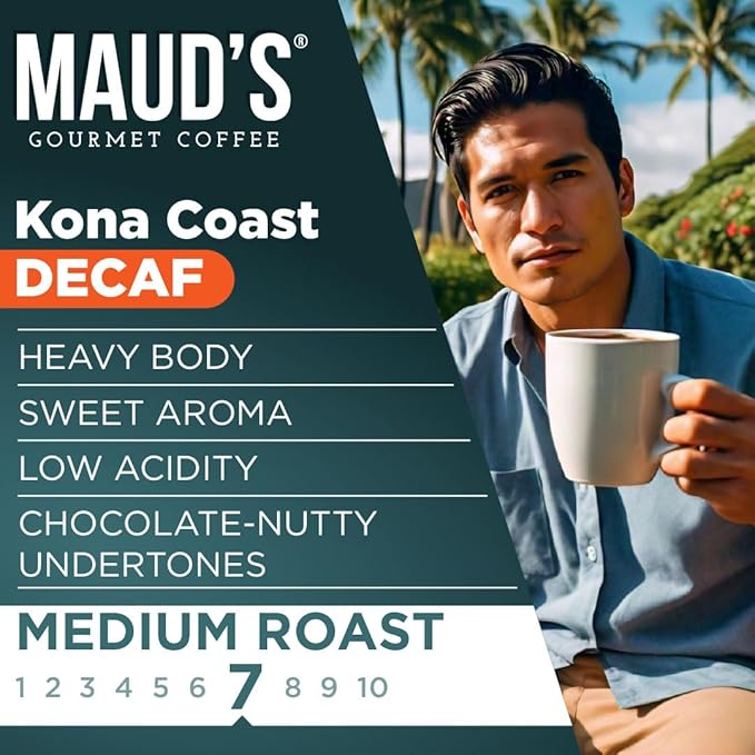 Maud's Decaf Kona Coffee Pods, 36 ct, Decaffeinated Medium Roast Coffee in Recyclable Single Serve Pods – 100% Arabica Coffee, Compatible with Keurig K Cups Maker
