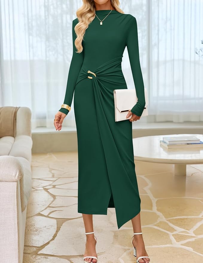 ZESICA Women's 2026 Spring Long Sleeve Bodycon Dress Mock Neck Wedding Guest Cocktail Party Long Midi Dresses
