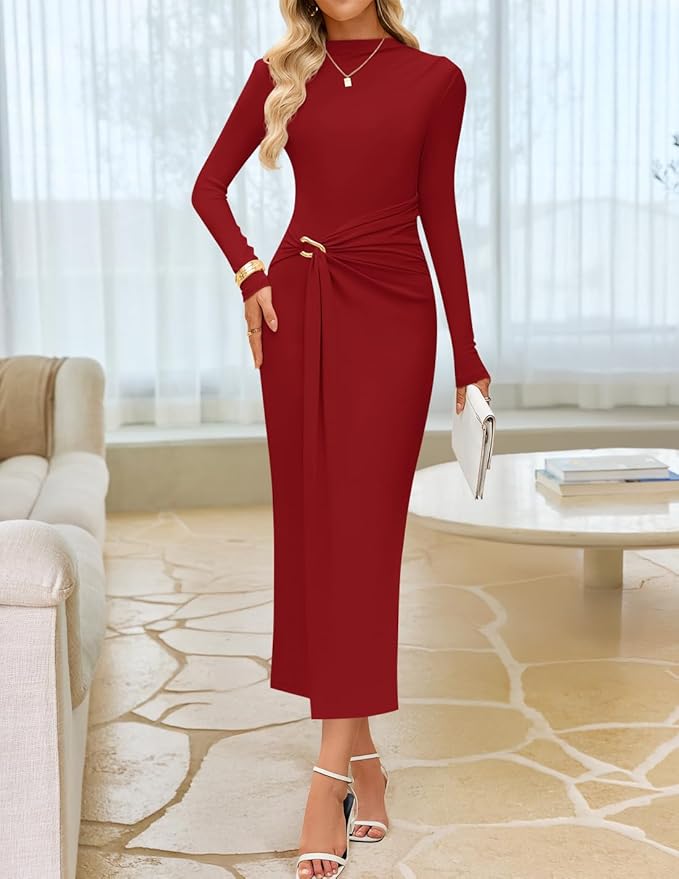 ZESICA Women's 2026 Spring Long Sleeve Bodycon Dress Mock Neck Wedding Guest Cocktail Party Long Midi Dresses