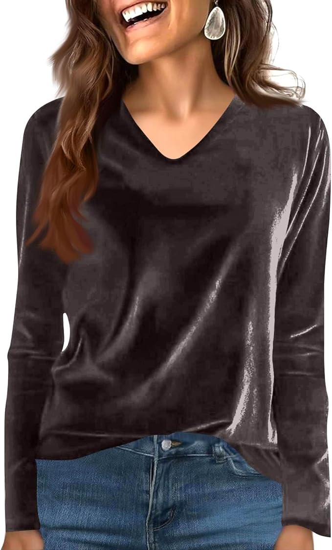 Velvet Tops for Women Dressy Casual V Neck Shirts Loose Fit Vintage Long Sleeve Velour Blouse Solid Holiday Party Outfits