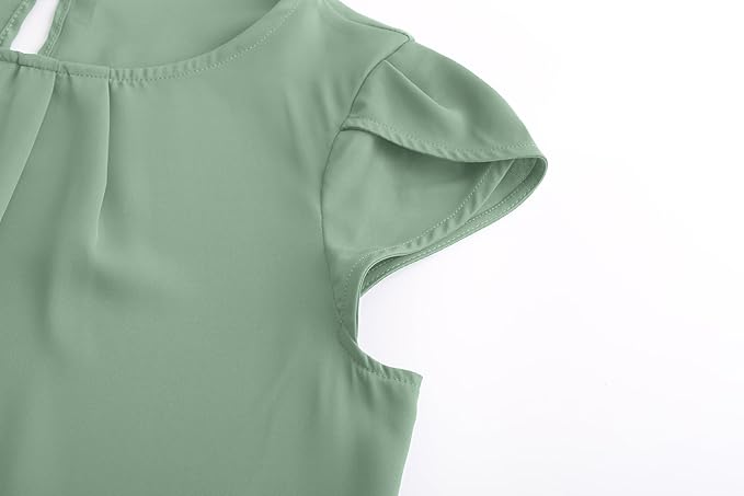 TASAMO Women's Casual Round Neck Basic Pleated Top Cap Sleeve Curved Keyhole Back Chiffon Blouse