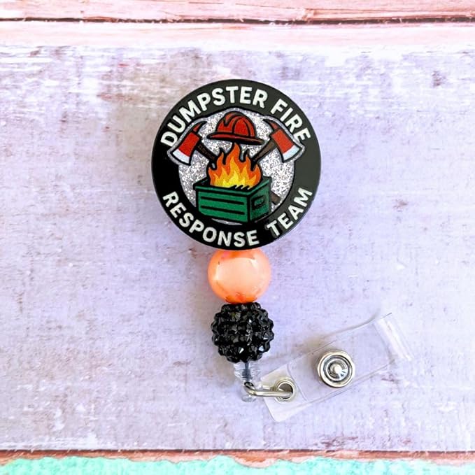 Dumpster Fire Rescue Team Beaded Badge Reel Cute Funny Humor Sarcastic Fire Response ID Name Holder Retractable Clip Decorative Work Office Accessories Gifts for Nurse Healthcare Workers Coworkers