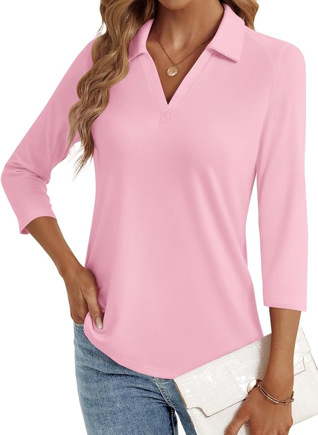 3/4 Length Sleeve Womens Tops Dressy Casual V Neck Polo Shirts Business Work Blouses 2025 Trendy Tunic Top