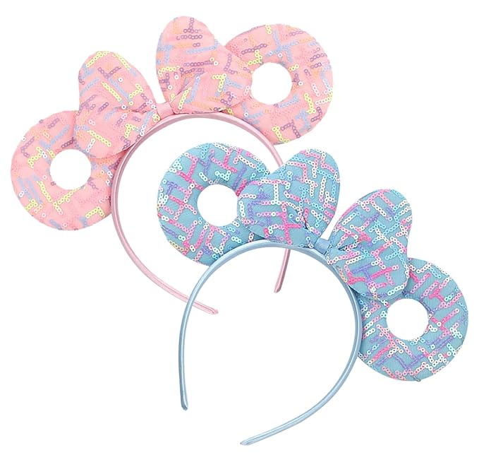 WW-WONDERFULWORLD 2 Pack Mouse Ears Headband Sets, Multicolor line Maze Sequin Pattern, Pink & Blue Band, Party Costume Accessory; TTQ2