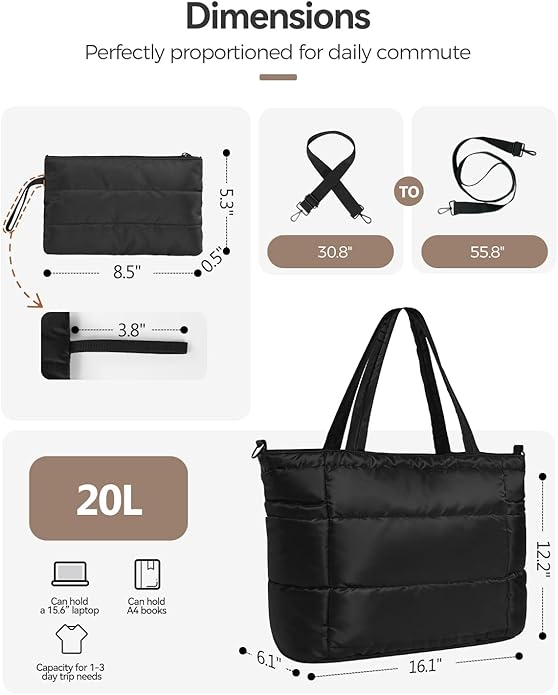 Moyad Puffy Tote Bag for Women with Zipper, Lightweight Quilted Bags Shoulder Handbag for Work, Travel, Gym, Nurse, Teacher