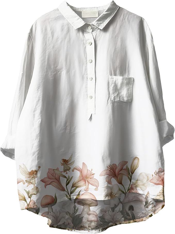 Women Funny Graphic Long Sleeve Floral Blouses Plus Size Button Shirts Casual Cute Vneck Fall Tunic Tops Trendy