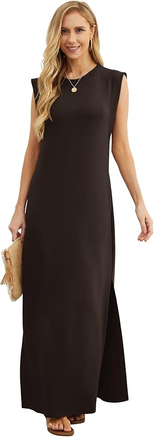 GRECERELLE 2026 Women Year-Round Casual Round Neck Loose Split Wrinkle-Free Long Maxi Vacation Dress with Pockets (XXS-4XL)