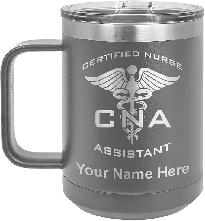 LaserGram 15oz Vacuum Insulated Coffee Mug, CNA Certified Nurse Assistant, Personalized Engraving Included (Gray)