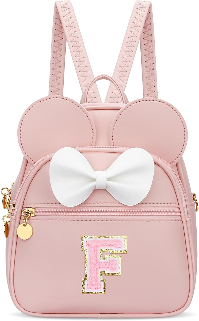 KKXIU Girls Initial Bowknot Cute Mini Backpack for Toddler, Travel Small Girl Backpacks, Personalized Valentine's Day Gifts for Little Girls and Kids(F, Pink)