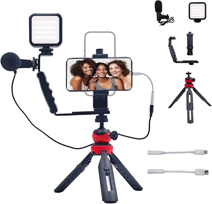 Vlogging Kit for iPhone Android Accessories, with Phone Mount, Tripod, LED Light, Microphone to One-Hand Operate Video Calling, Vlogging, YouTube, Instagram, Tiktok