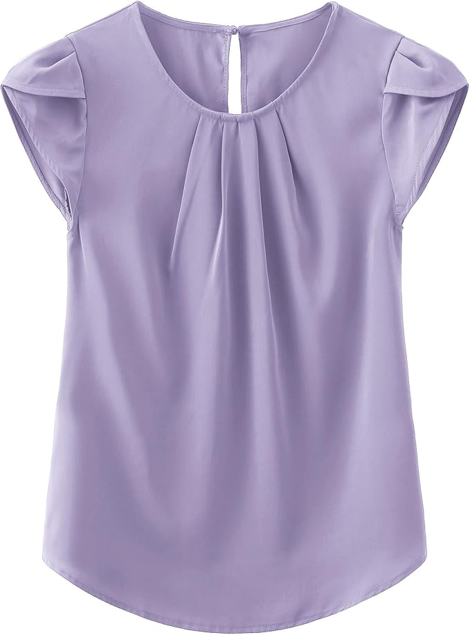 TASAMO Women's Casual Round Neck Basic Pleated Top Cap Sleeve Curved Keyhole Back Chiffon Blouse