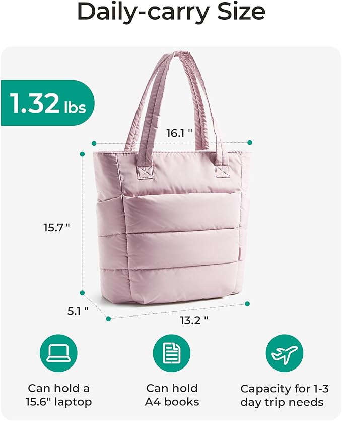 BAGSMART Tote Bag for Women, Lightweight Puffy Tote Bag with Compartments Shoulder Bag Handbag for Travel, Work, Gym | Lightweight, Puffy, Tote Bag with Compartments, Quilted, for Travel, Work