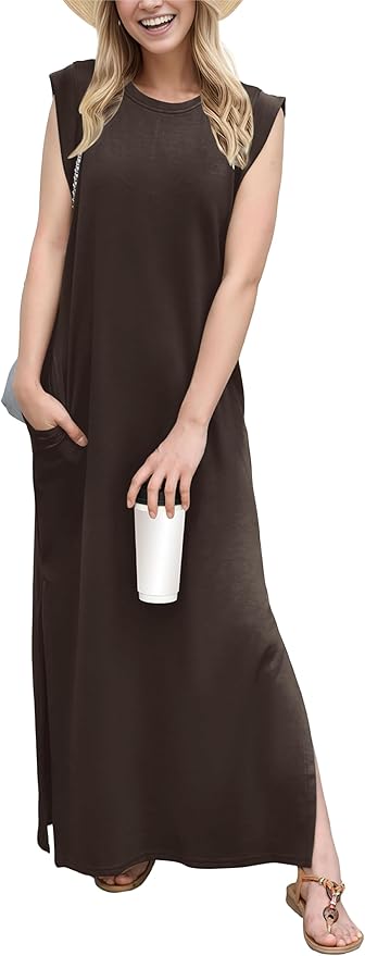 GRECERELLE 2026 Women Year-Round Casual Round Neck Loose Split Wrinkle-Free Long Maxi Vacation Dress with Pockets (XXS-4XL)