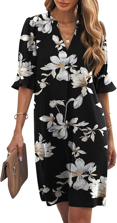 Wkior Shift Dress for Women V Neck Short Sleeves Solid Color Casual Flowy Summer Dresses(S-2XL)