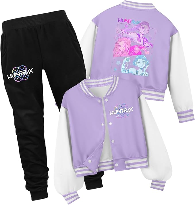 K PopGirls Kpop Tracksuit Cute Cartoon Print Baseball Coats Fashion Long Sleeve Jackets and Pants Christmas Costume Set