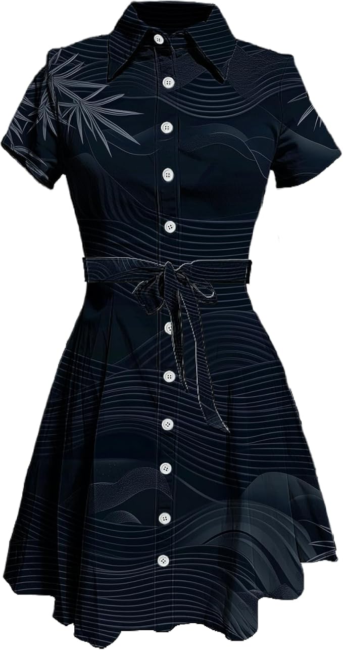 MARSVOVO Japanese Art Shirt Dresses for Women Short Sleeve Ruffle Button Down Tie Waist Trendy Elegant Midi Dress