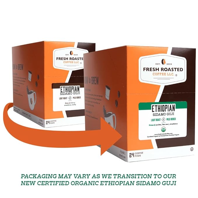 Fresh Roasted Coffee, Organic Ethiopian Sidamo Natural | USDA Organic, 100% Single Origin, Kosher | Light Roast 72 Pods for K Cup Brewers