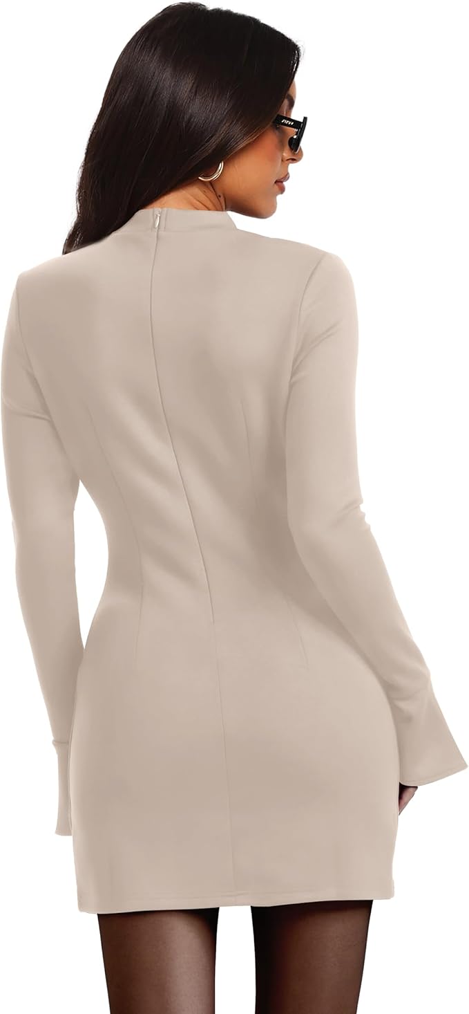 OFEEFAN Women's Fall Long Sleeve Mock Neck Dress Basic Party Club Bodycon Mini Dresses