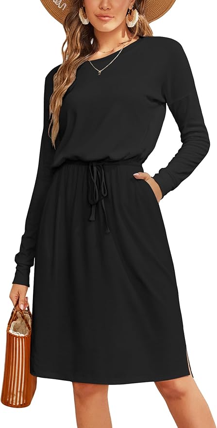 Simier Fariry Womens Spring Hide Belly Knee Length Travel Dress Pocket Summer Short Sleeve Midi Work Casual Outfits