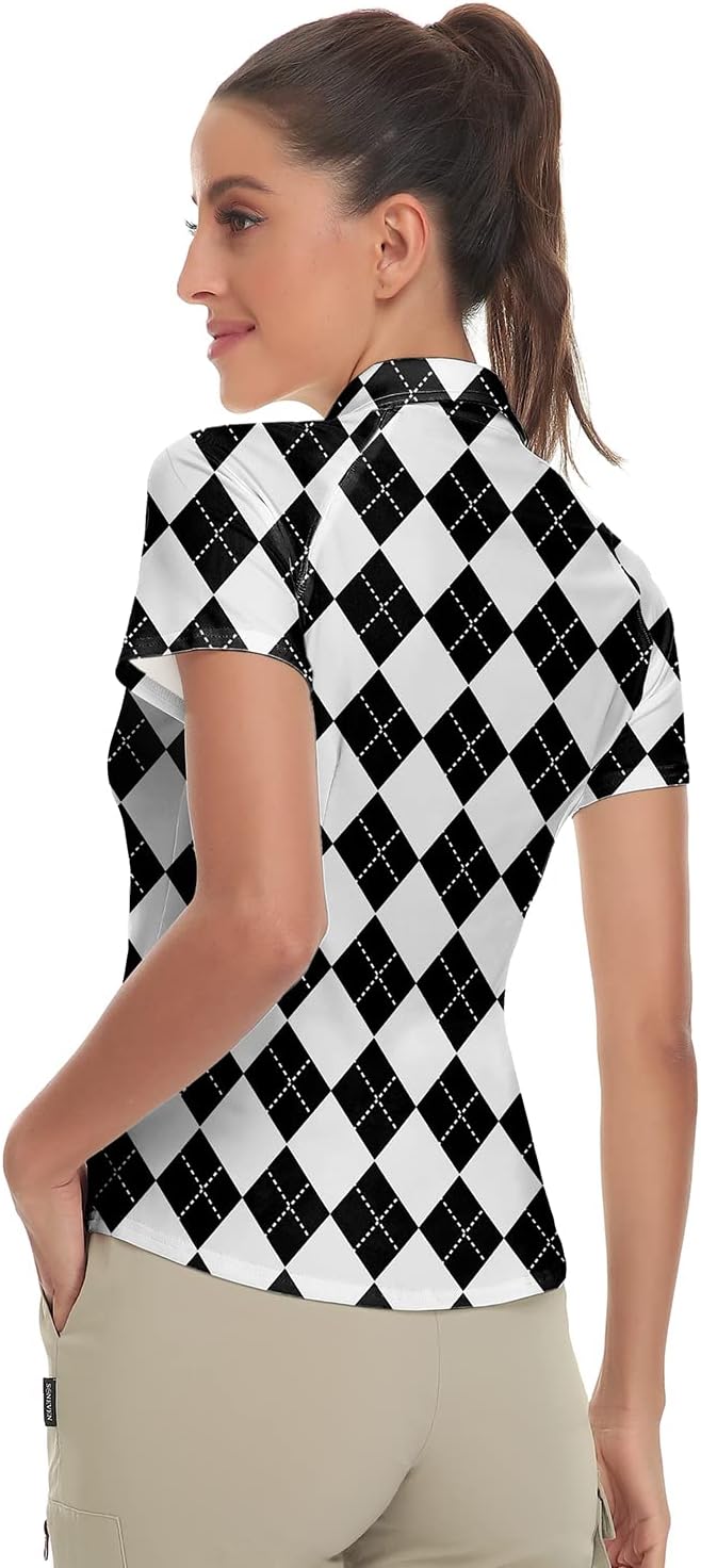 Women's Golf Shirt Short Sleeve Tennis Shirt Quarter Zip Golf Pullover Golf Polo Shirts Argyle Tops