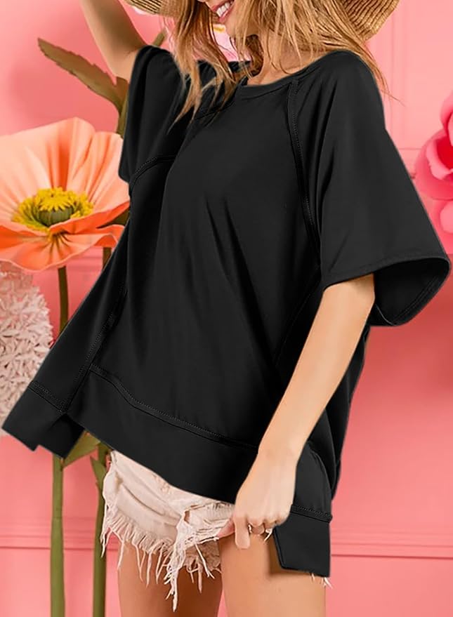 Dokotoo Oversized T Shirts for Women Crewneck Short Sleeve Casual Summer Tops Lightweight Loose High Low Blouse