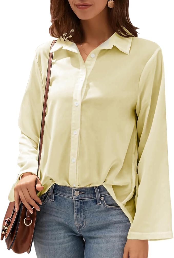 Womens Classic Shirts Casual Button Solid Color Long Sleeve Work Blouse Collared Relaxed Fit Summer Tops