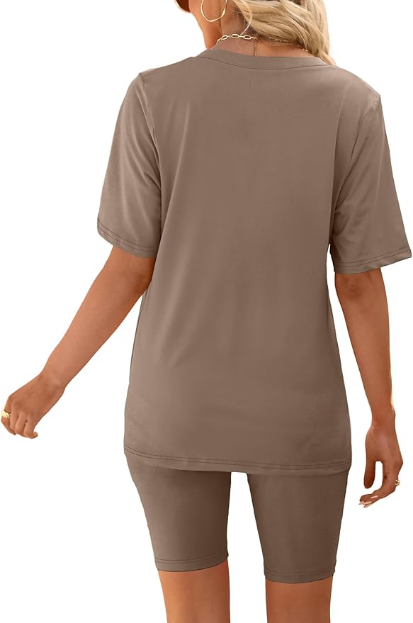 AGSEEM Two Piece Outfits For Women Summer V Neck T-Shirt Tops Biker Shorts Workout Sports Tracksuit