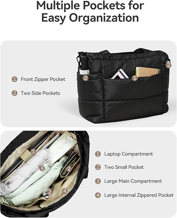 Moyad Puffy Tote Bag for Women with Zipper, Lightweight Quilted Bags Shoulder Handbag for Work, Travel, Gym, Nurse, Teacher