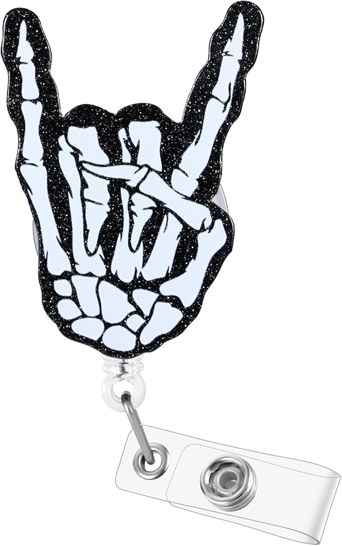 Rock On Sign Bones Funny Badge Reel, Fun Retractable ID Card Badge Holder, Name Tag Work Badge Clip for Radiology Rad Tech RT Nurses Radiation Workers, Cool Nurse & Tech Halloween Gifts