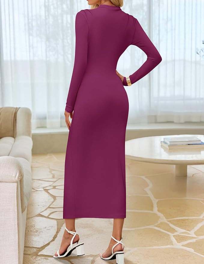 ZESICA Women's 2026 Spring Long Sleeve Bodycon Dress Mock Neck Wedding Guest Cocktail Party Long Midi Dresses