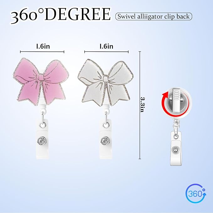 2 Pcs Pink Bow Badge Reel - Retractable ID Holder with Alligator Clip& Nylon Cord | AcrylicClip for Nurse Nurses Office Worker Teacher Student