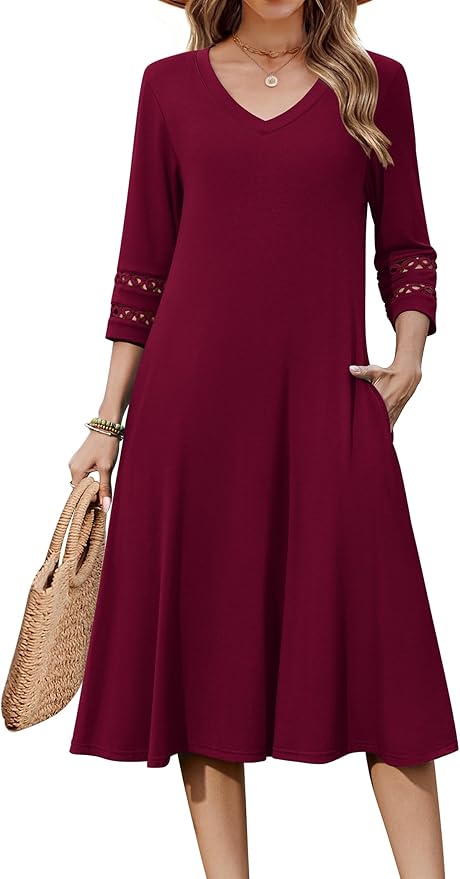 Zeagoo Women's Dresses 3/4 Sleeve Summer Casual V-Neck A Line Flowy Eyelet Midi Dress for Women Beach Vacation Sundress
