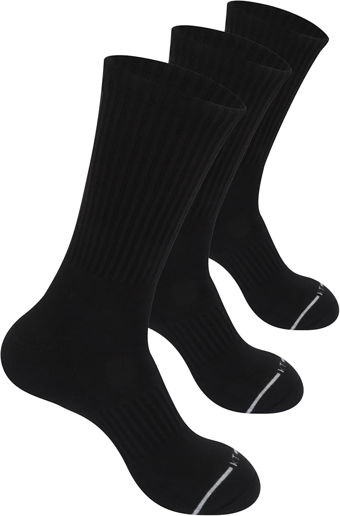 Athletic Crew Socks, 3 Pairs Pack size 9-11, Black, Ribbed Cotton Blend, Moisture-Wicking