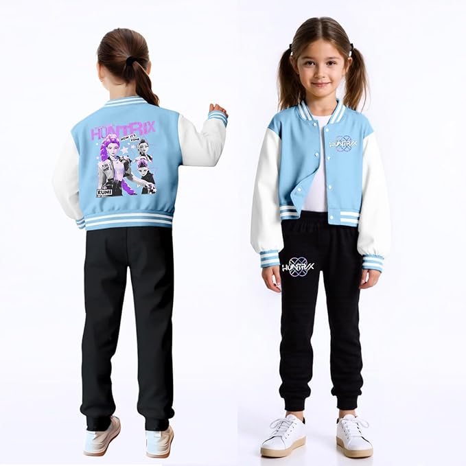 K PopGirls Kpop Tracksuit Cute Cartoon Print Baseball Coats Fashion Long Sleeve Jackets and Pants Christmas Costume Set