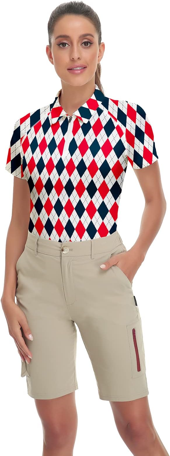 Women's Golf Shirt Short Sleeve Tennis Shirt Quarter Zip Golf Pullover Golf Polo Shirts Argyle Tops