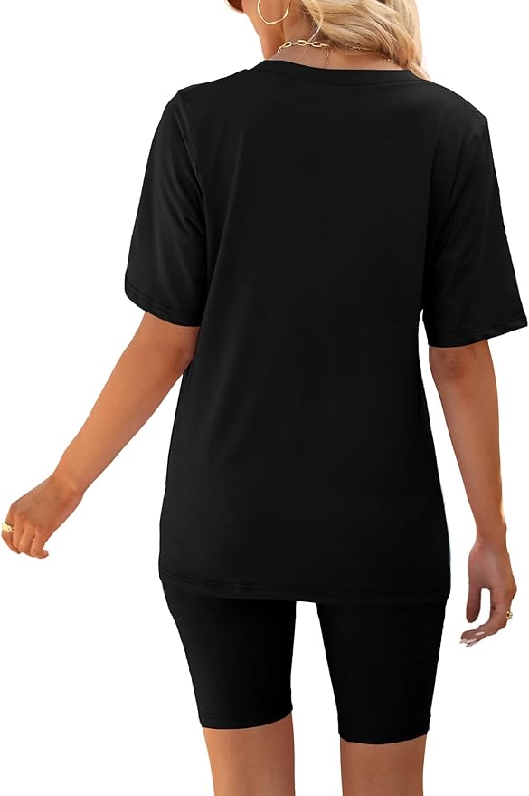 AGSEEM Two Piece Outfits For Women Summer V Neck T-Shirt Tops Biker Shorts Workout Sports Tracksuit
