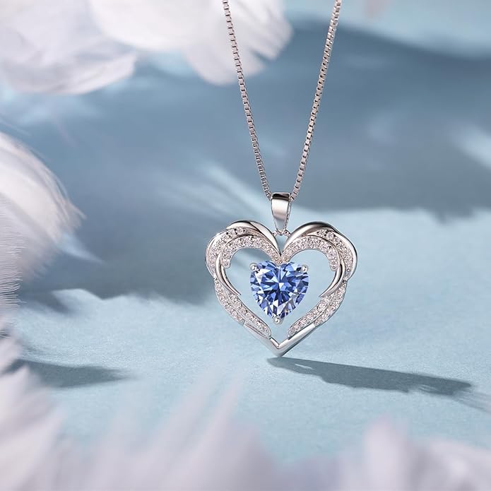 Jurikko Heart Necklaces Valentine's Gift for Women, Birthstone 925 Sterling Silver Angel Wings Love Pendant Necklaces for Women, Jewelry Gifts for Wife, Anniversary, Mother's day