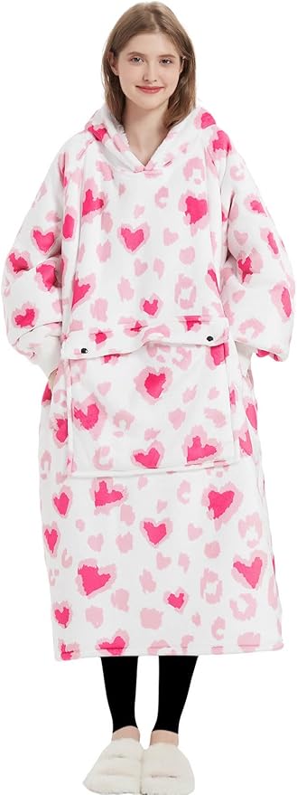 KFUBUO Wearable Blanket Hoodie for Adult Long Sherpa All Patterns Heart Oversized Hoodie Sweatshirt Blanket with Pockets Valentine Gifts for Her