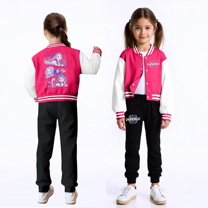 K PopGirls Kpop Tracksuit Cute Cartoon Print Baseball Coats Fashion Long Sleeve Jackets and Pants Christmas Costume Set