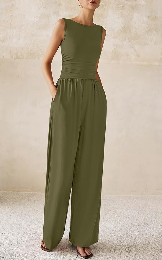 PRETTYGARDEN One Piece Jumpsuits for Women Dressy Casual Sleeveless Crewneck Wide Leg Rompers Jumpers Vacation Summer Outfits