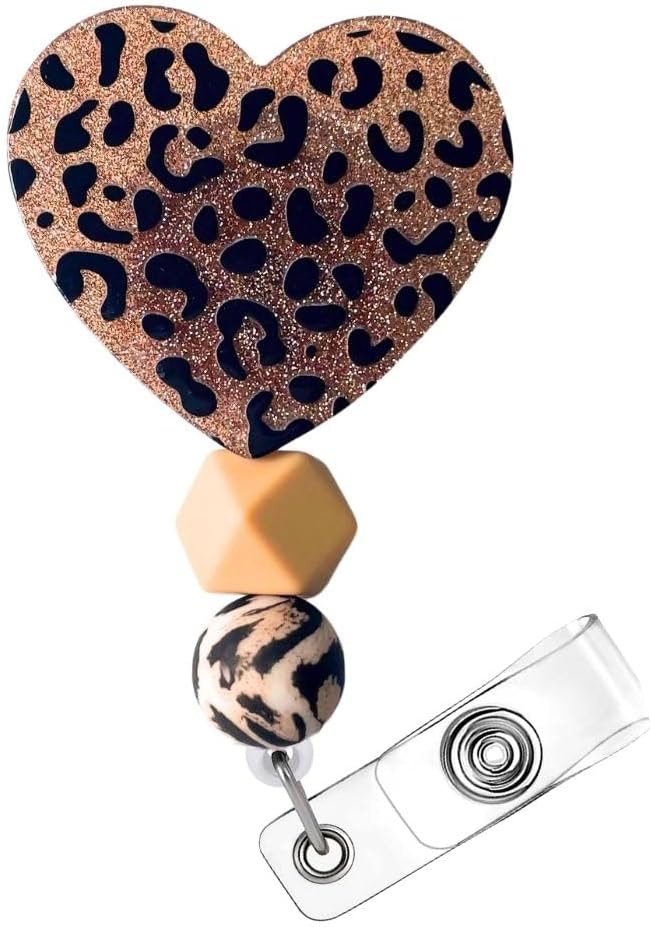 Cheetah Leopard Heart Badge Reel Holder ID Name Retractable Clip Lanyard with Cute Beaded Print Bengals Zoo Keeper Glitter Bling for Nurse Nurses CNA CMA Nursing Healthcare Golden Supplies