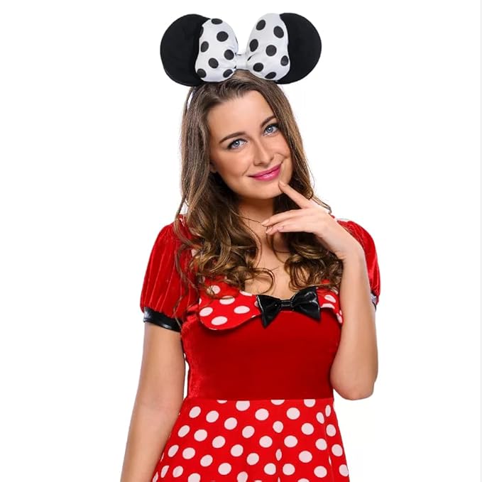 Jeffan Mouse Ear Headband with 3D Cotton Bow, Polka Dot Bow Mouse Party Costume Accessories for Women Girls (Black)
