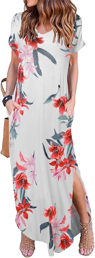 Arolina Women's Summer Maxi Dress Short Sleeve V Neck Casual Loose Long Beach Split Dresses with Pockets